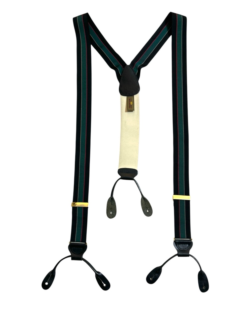 Trafalgar Silk Black Stripe Suspenders Braces Leather Button Ends USA Vintage